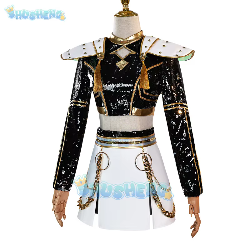 The costume is in the form of a skirt uniform which shows both strength and sophistication. It gives a ready-to-wear appearance for the stage which reflects the spirit of Rumi, Mira, and Zoey from the Huntrix universe